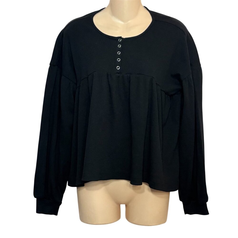 Womens Size Small Black Long-Sleeve Snap Waffle-Knit Babydoll Top Forever 21